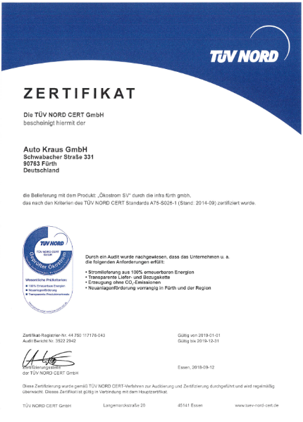 TÜV NORD Zertifikat für Ökostrom-Lieferung an Auto Kraus GmbH